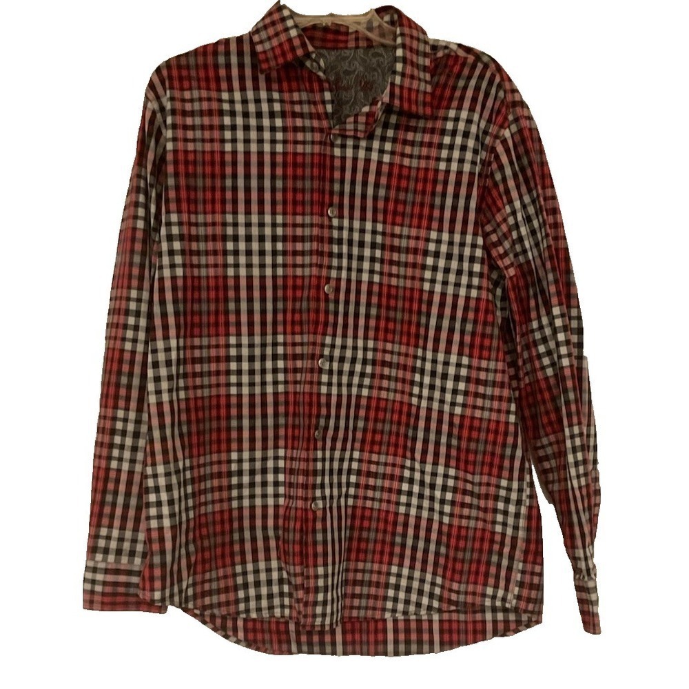Tasso Elba Men Large 16 16.5 Shirt Button Down Top Long‎ Sleeve Red Checkered
